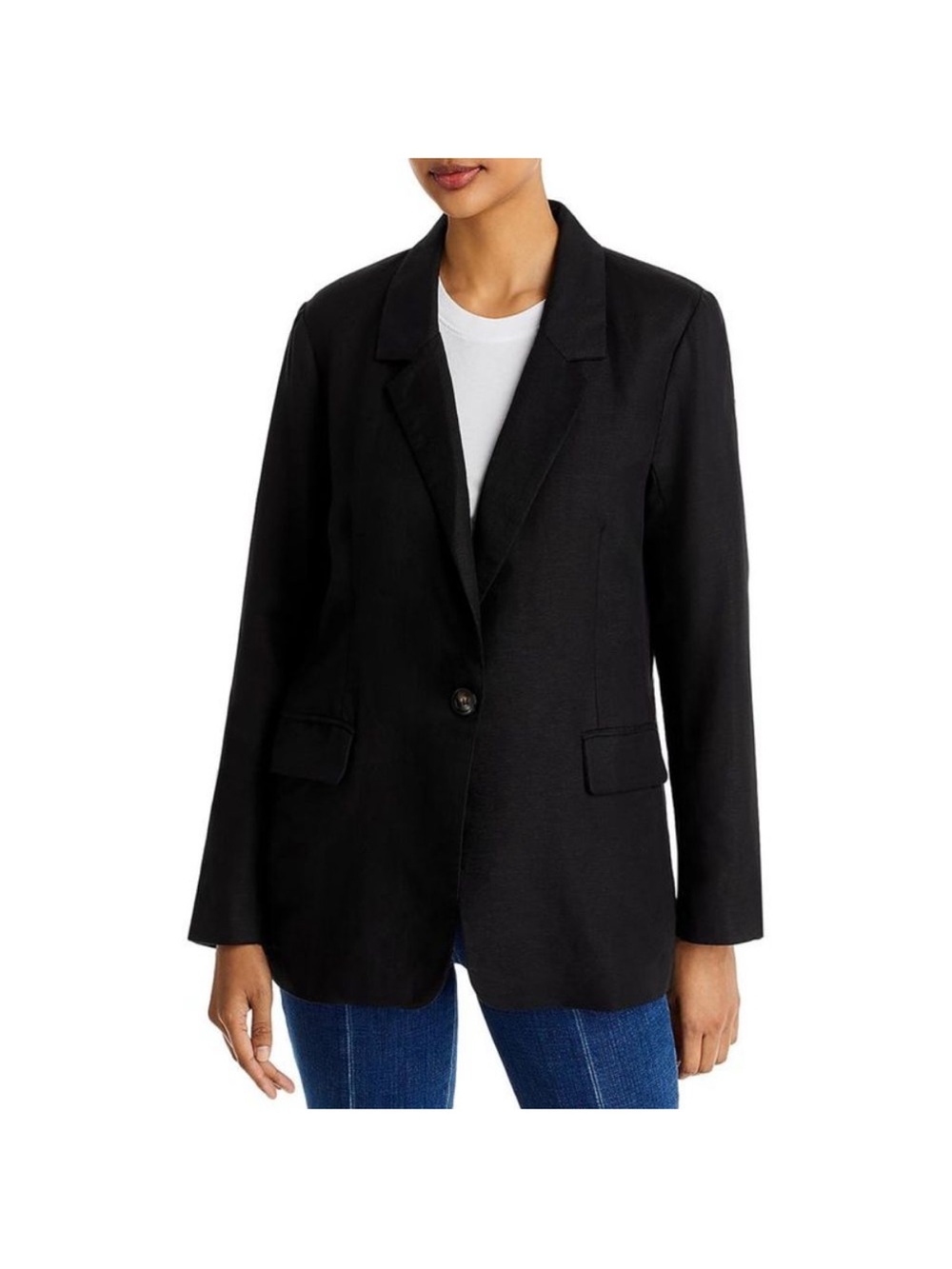 Aqua Womens Black Linen Blend Woven Midi One-Button Blazer Jacket